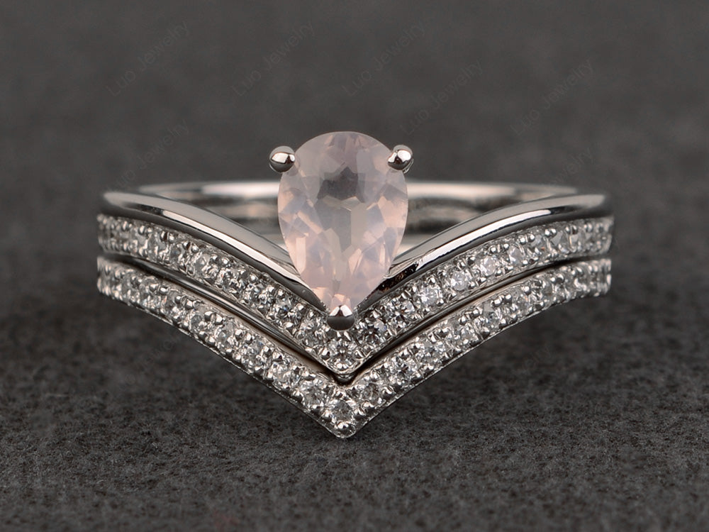 Pear Shaped Rose Quartz Bridal Set Ring Silver - LUO Jewelry