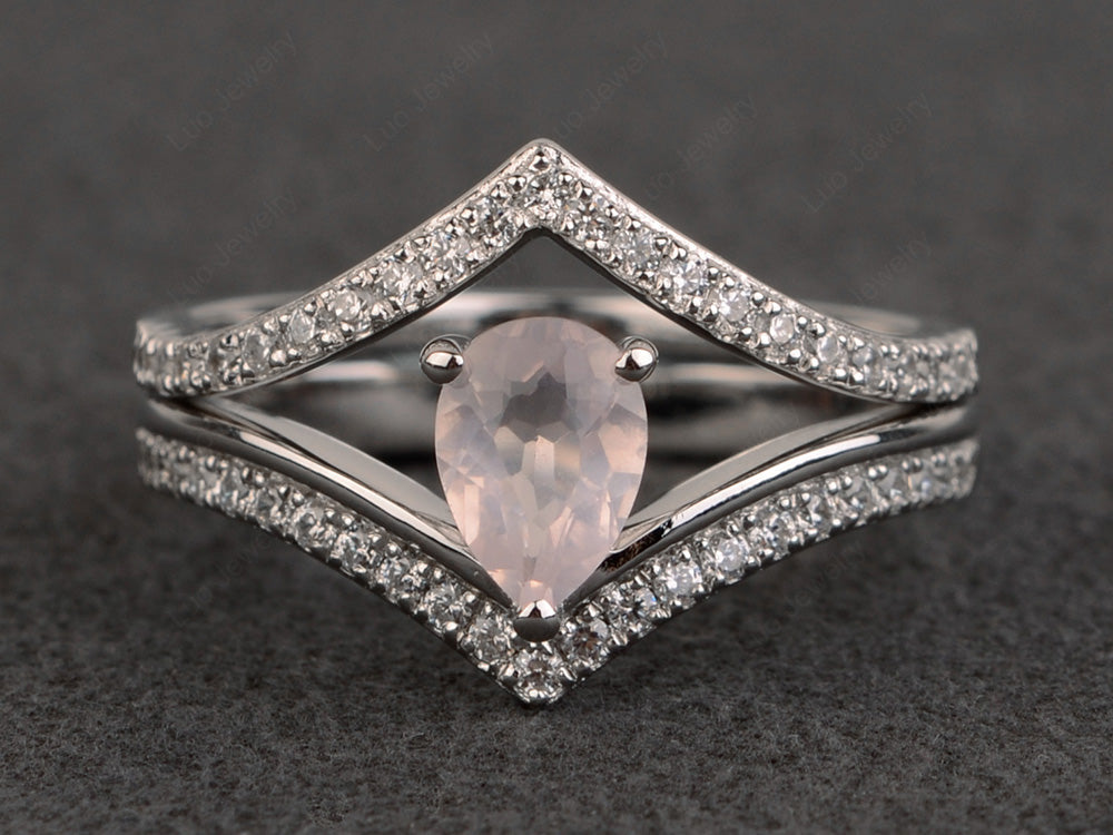 Pear Shaped Rose Quartz Bridal Set Ring Silver - LUO Jewelry