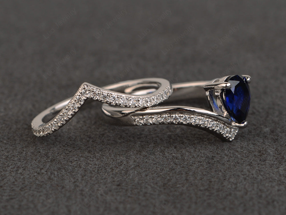 Pear Shaped Lab Sapphire Bridal Set Ring Silver - LUO Jewelry