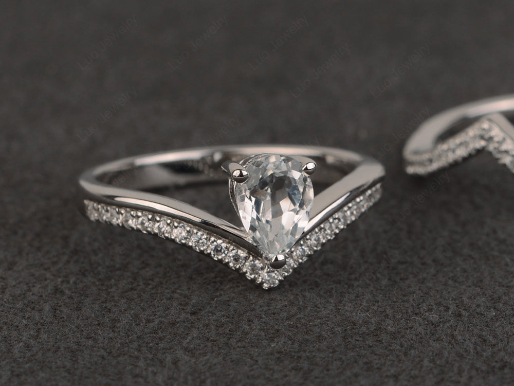 Pear Shaped White Topaz Bridal Set Ring Silver - LUO Jewelry