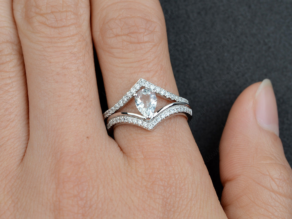 Pear Shaped White Topaz Bridal Set Ring Silver - LUO Jewelry