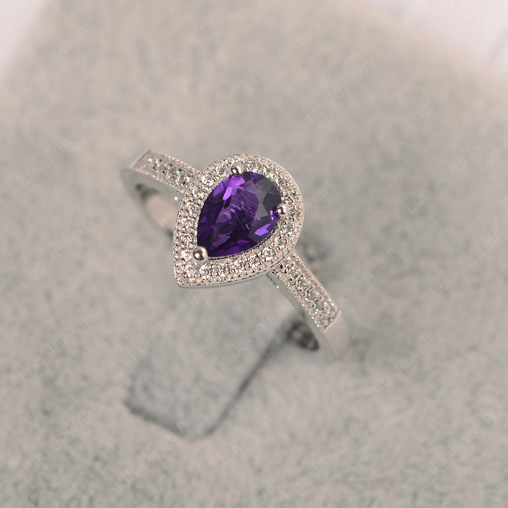 Pear Amethyst Halo Engagement Ring Art Deco - LUO Jewelry