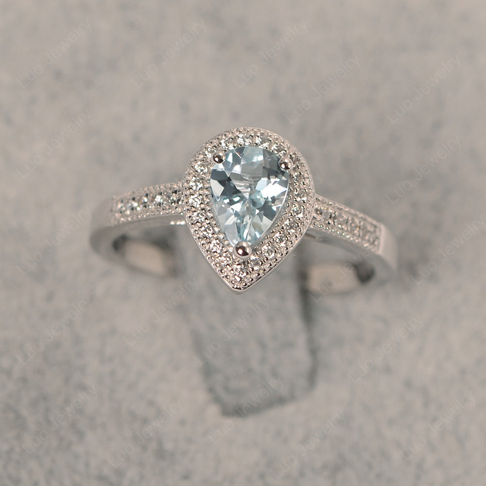 Pear Aquamarine Halo Engagement Ring Art Deco - LUO Jewelry