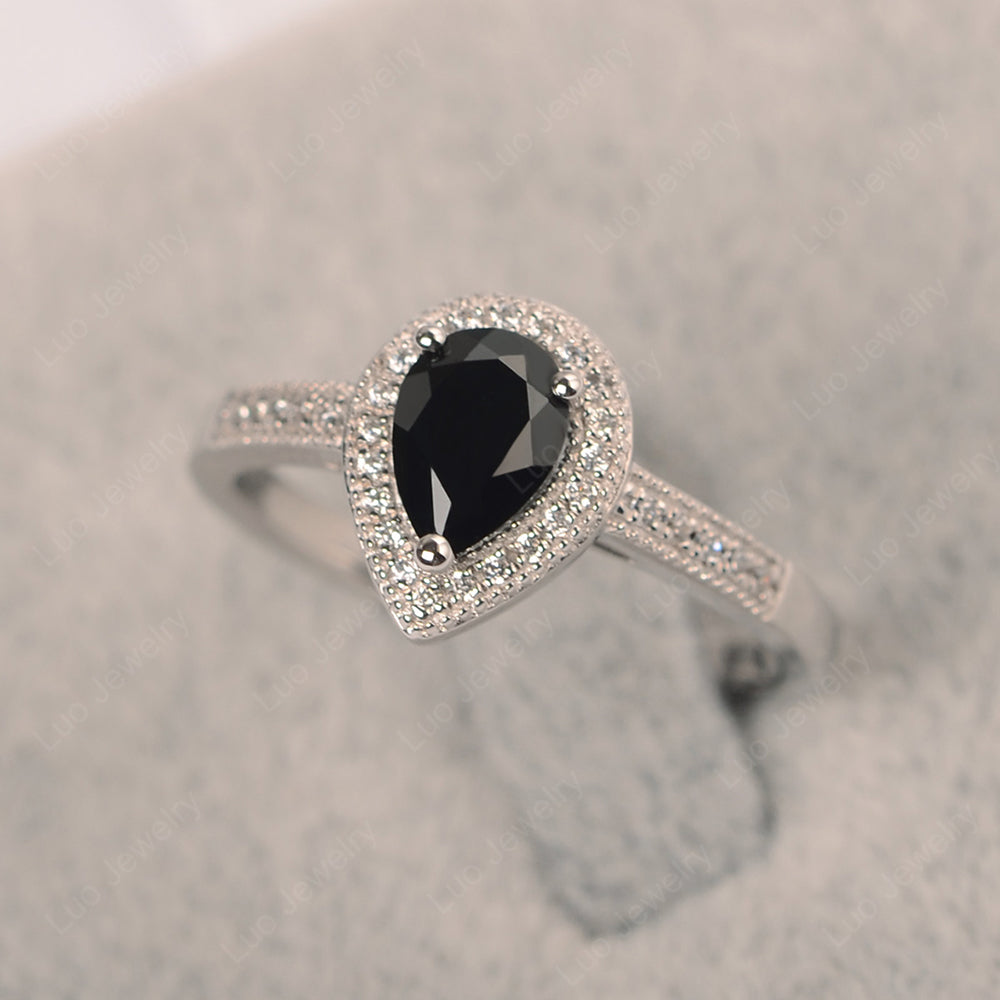 Pear Black Stone Halo Engagement Ring Art Deco - LUO Jewelry