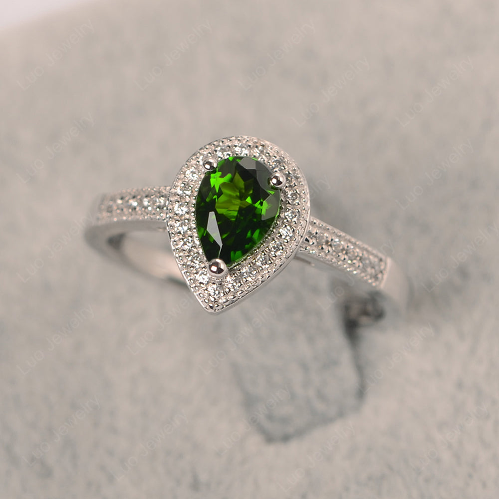 Pear Diopside Halo Engagement Ring Art Deco - LUO Jewelry