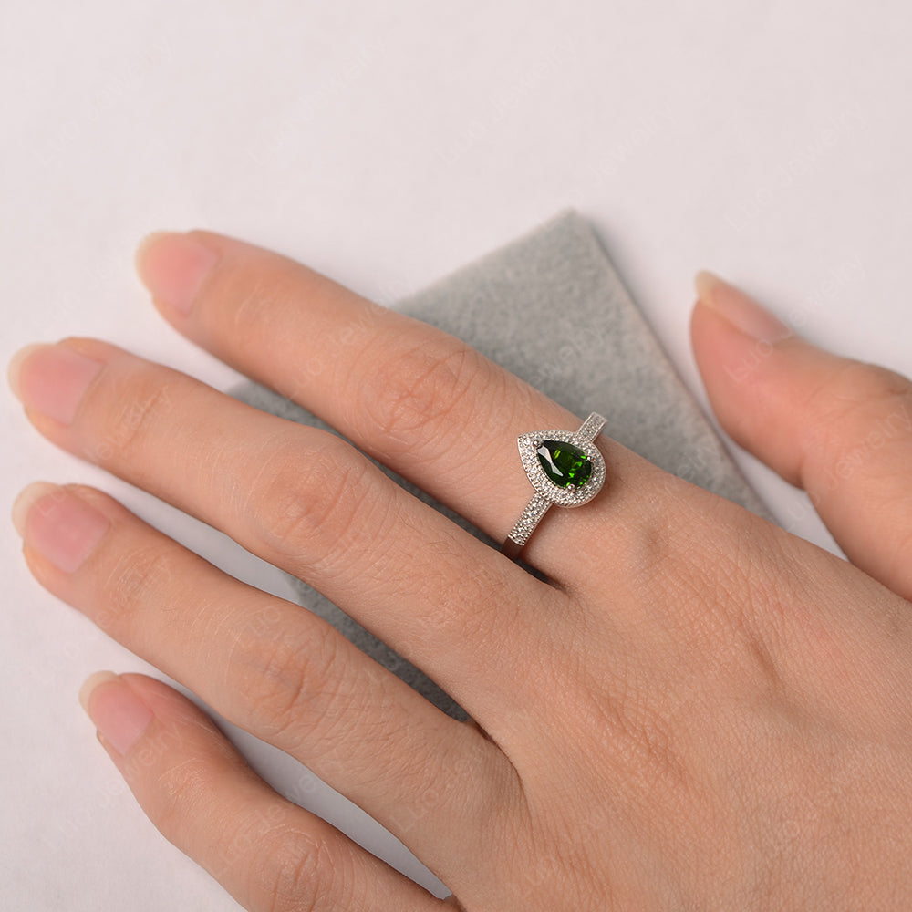Pear Diopside Halo Engagement Ring Art Deco - LUO Jewelry