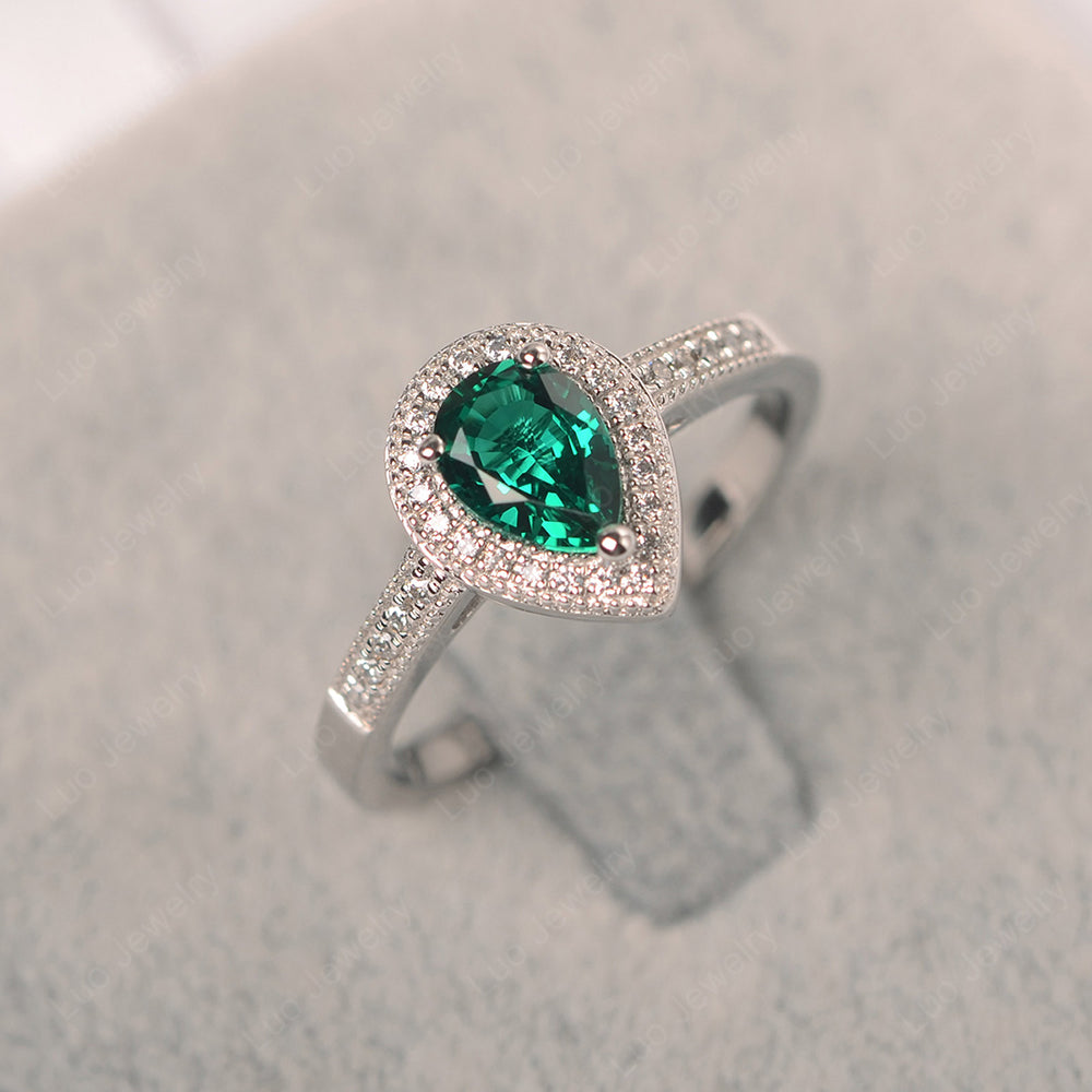 Pear Lab Emerald Halo Engagement Ring Art Deco - LUO Jewelry