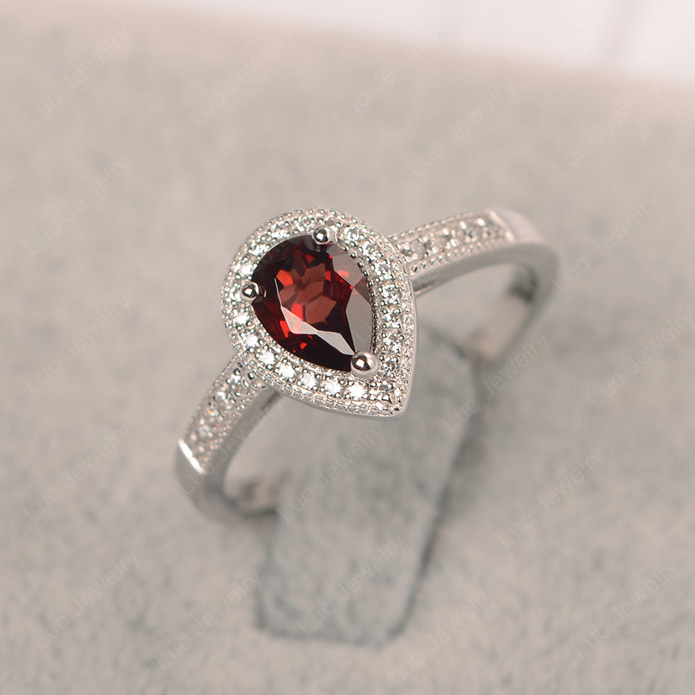 Pear Garnet Halo Engagement Ring Art Deco - LUO Jewelry