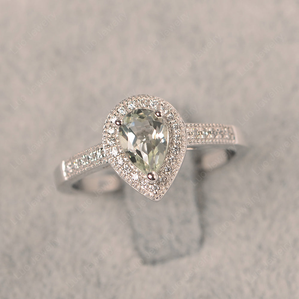 Pear Green Amethyst Halo Engagement Ring Art Deco - LUO Jewelry