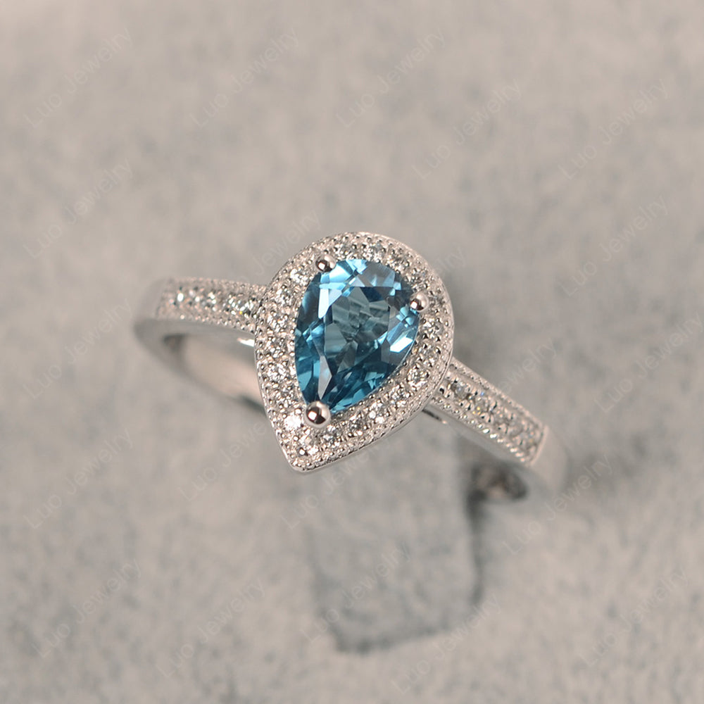 Pear London Blue Topaz Halo Engagement Ring Art Deco - LUO Jewelry