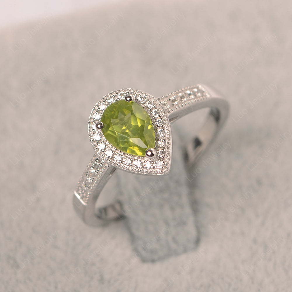 Pear Peridot Halo Engagement Ring Art Deco - LUO Jewelry