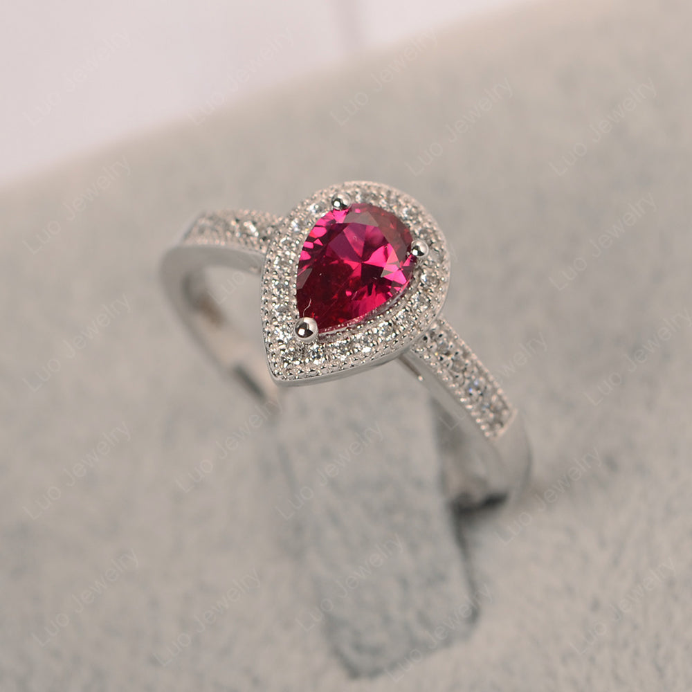 Pear Ruby Halo Engagement Ring Art Deco - LUO Jewelry