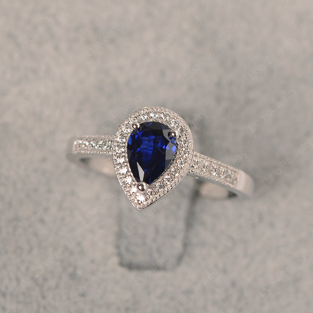 Pear Lab Sapphire Halo Engagement Ring Art Deco - LUO Jewelry