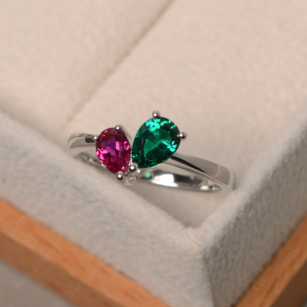 Pear Ruby and Emerald Ring Two Stone Mothers Ring - LUO Jewelry