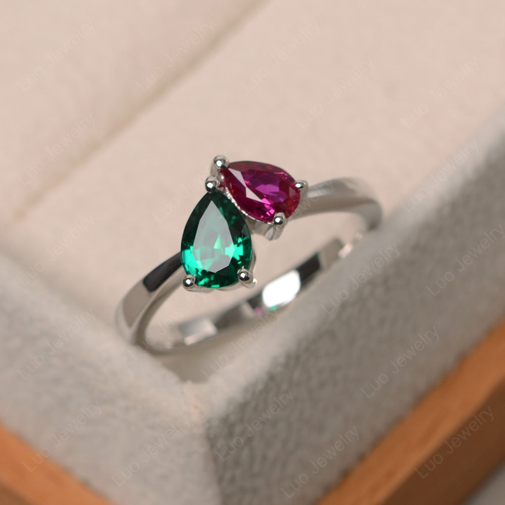 Pear Ruby and Emerald Ring Two Stone Mothers Ring - LUO Jewelry