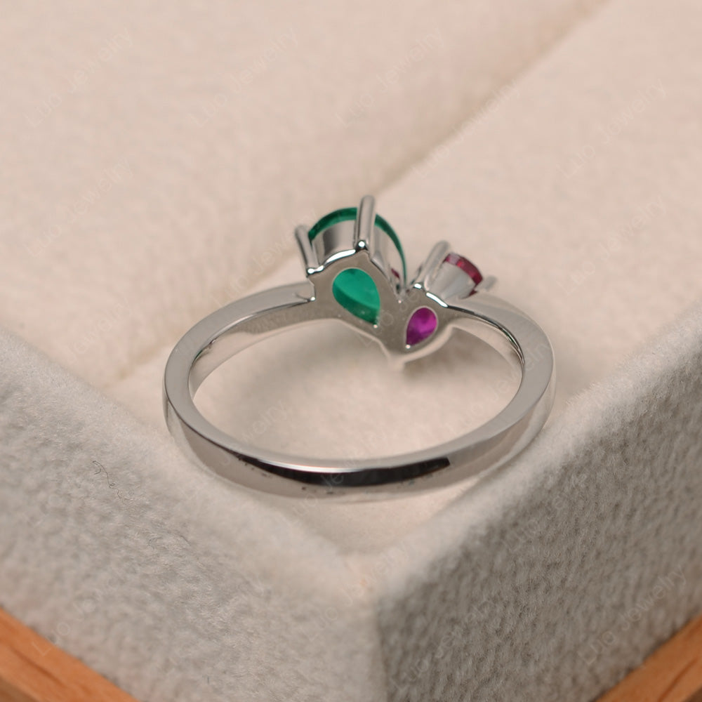 Pear Ruby and Emerald Ring Two Stone Mothers Ring - LUO Jewelry