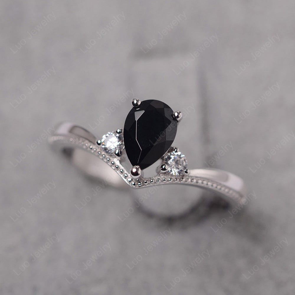 Pear Black Stone Engagement Ring White Gold - LUO Jewelry
