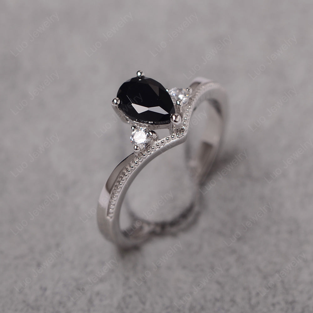 Pear Black Stone Engagement Ring White Gold - LUO Jewelry