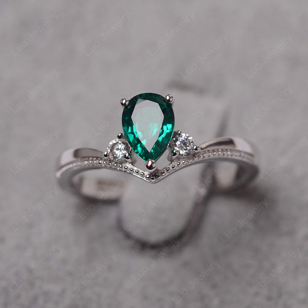 Pear Lab Emerald Engagement Ring White Gold - LUO Jewelry