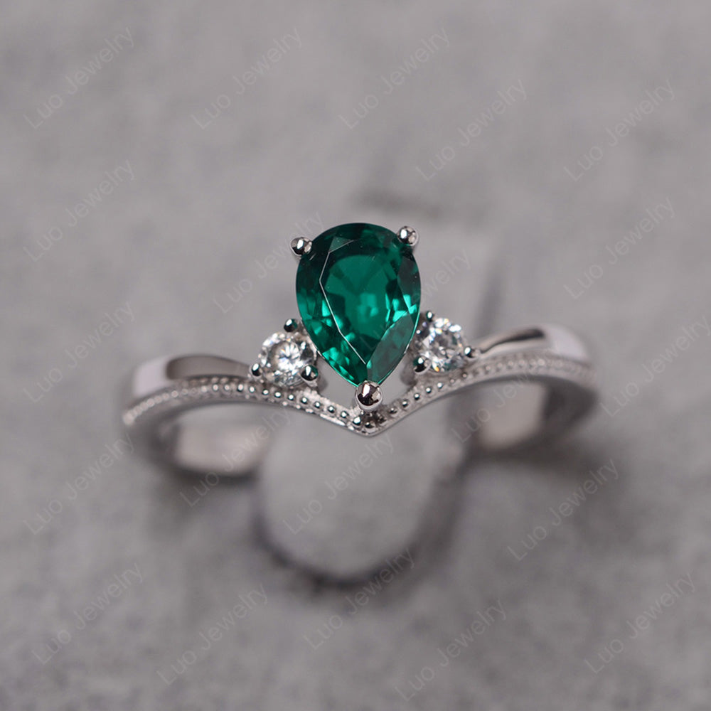 Pear Lab Emerald Engagement Ring White Gold - LUO Jewelry