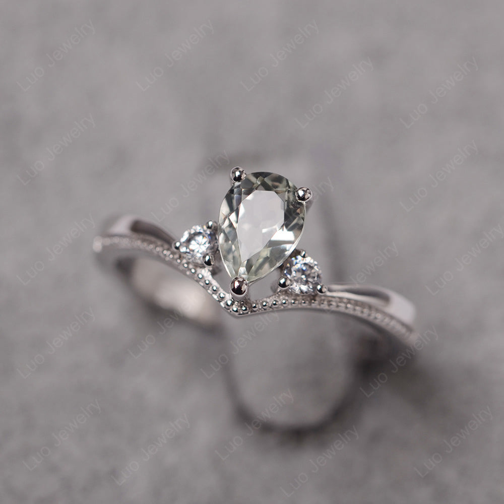 Pear Green Amethyst Engagement Ring White Gold - LUO Jewelry