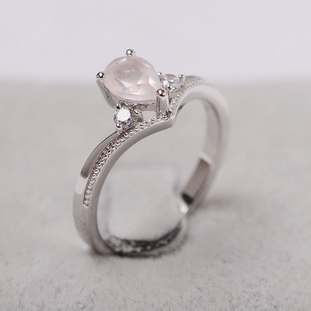 Pear Rose Quartz Engagement Ring White Gold - LUO Jewelry