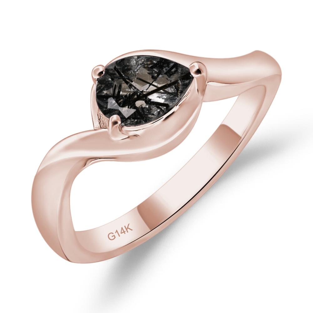 Pear Shaped Black Rutilated Quartz East West Solitaire Ring - LUO Jewelry #metal_14k rose gold