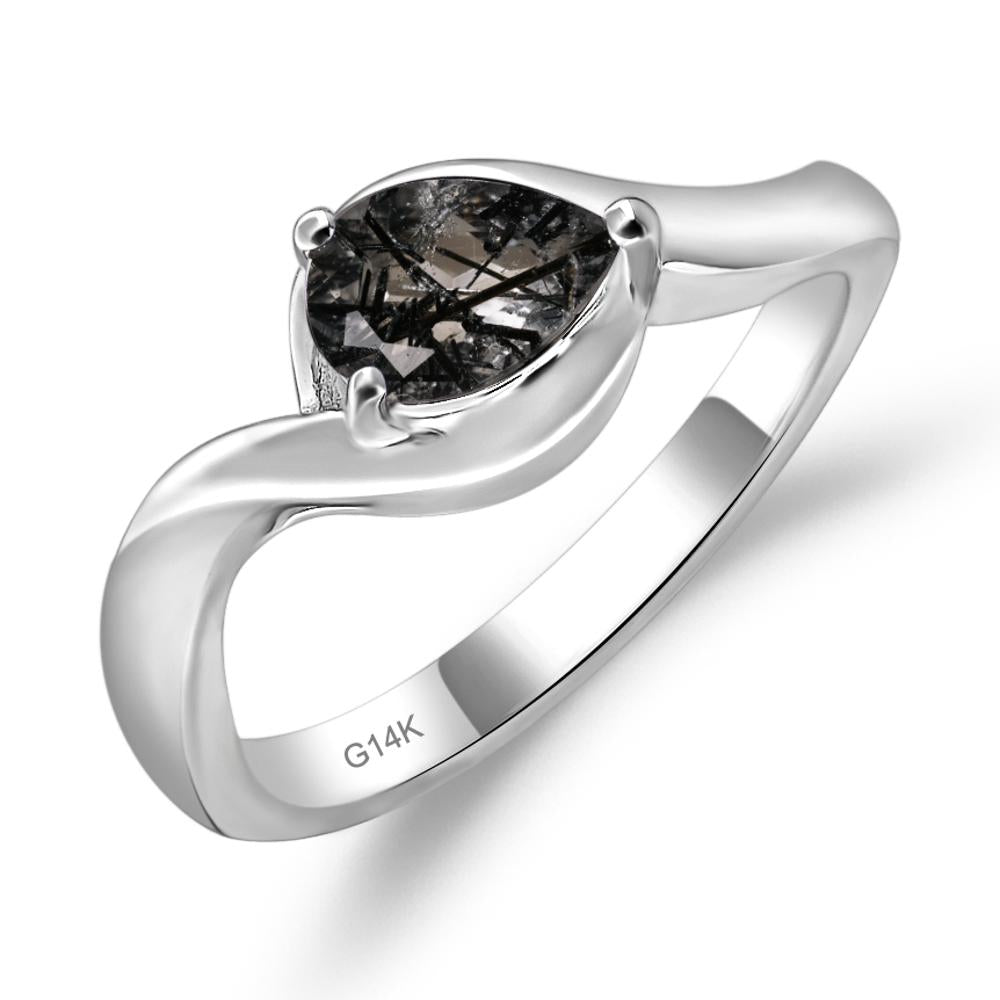 Pear Shaped Black Rutilated Quartz East West Solitaire Ring - LUO Jewelry #metal_14k white gold