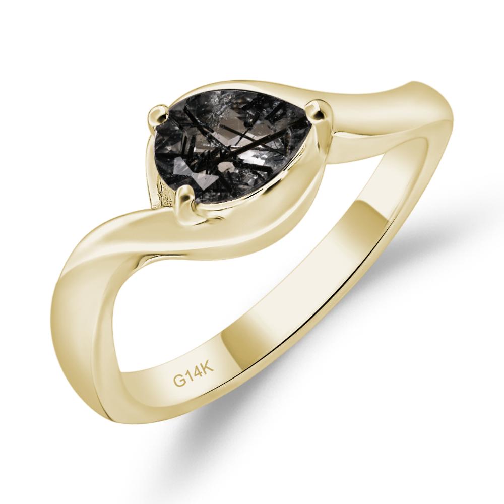 Pear Shaped Black Rutilated Quartz East West Solitaire Ring - LUO Jewelry #metal_14k yellow gold