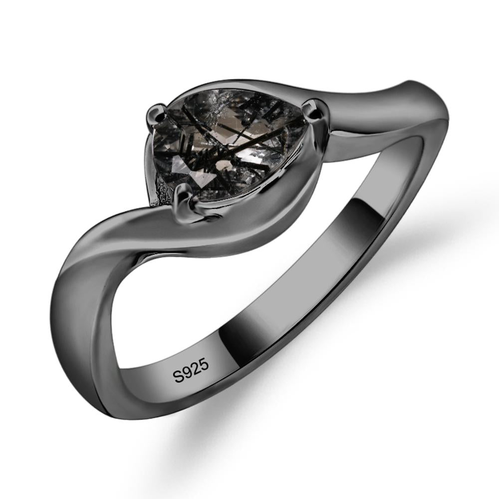 Pear Shaped Black Rutilated Quartz East West Solitaire Ring - LUO Jewelry #metal_black finish sterling silver