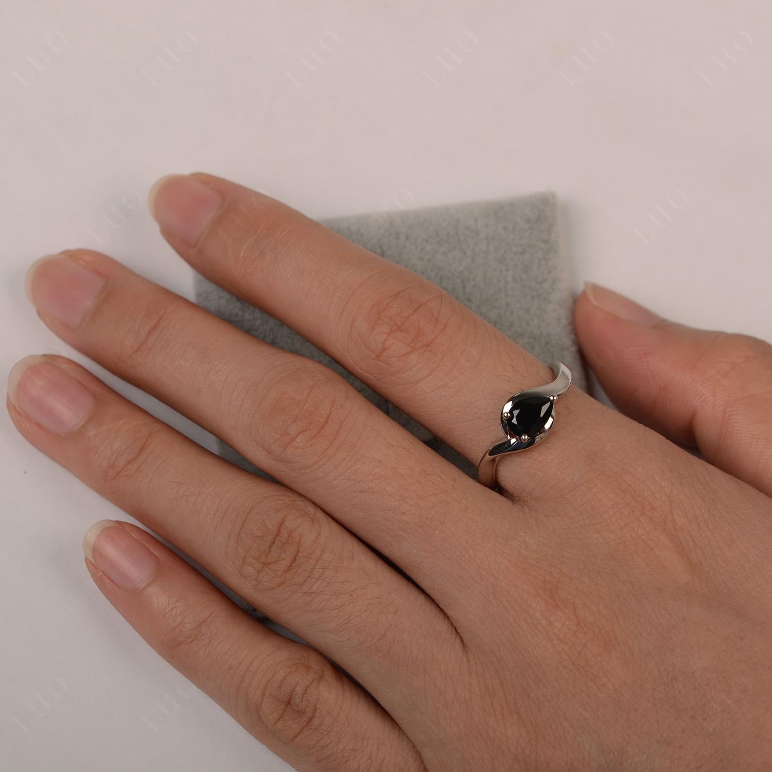 Pear Shaped Black Stone East West Solitaire Ring - LUO Jewelry