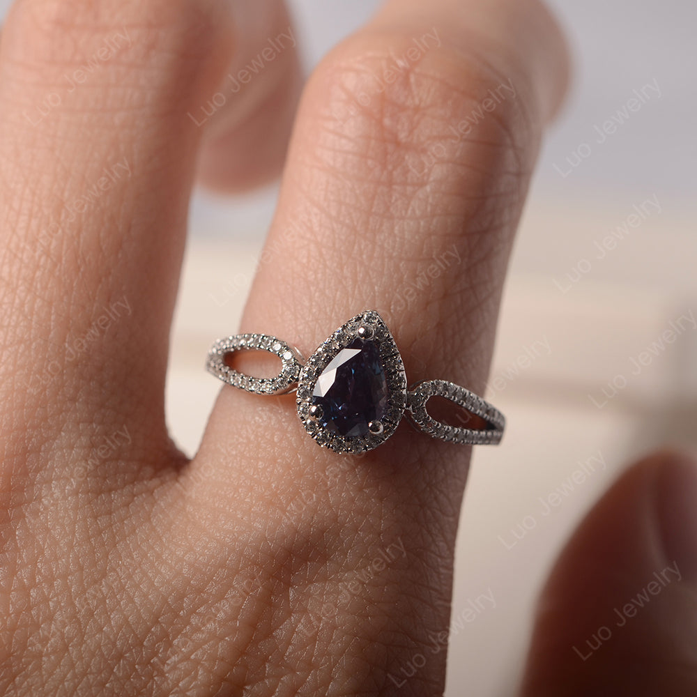 Pear Shaped Alexandrite Halo Engagement Ring - LUO Jewelry