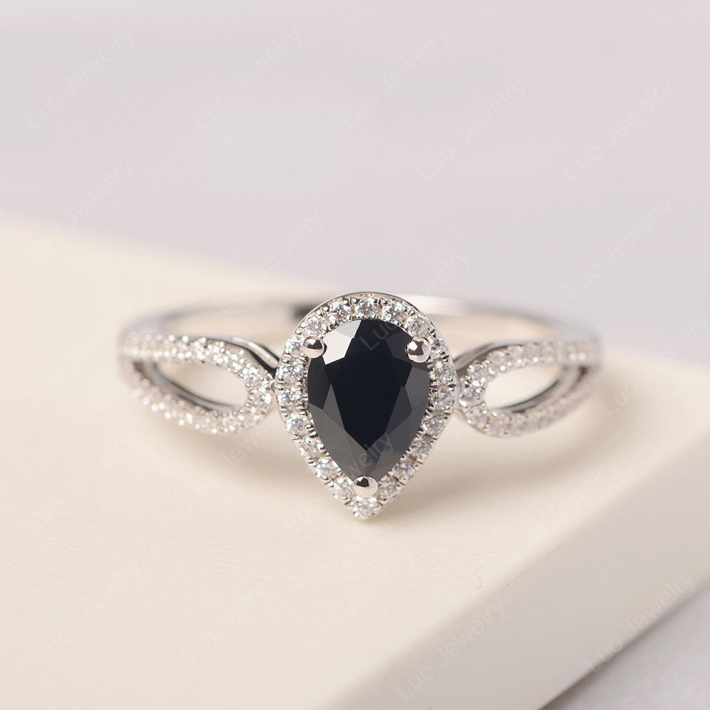 Pear Shaped Black Stone Halo Engagement Ring - LUO Jewelry