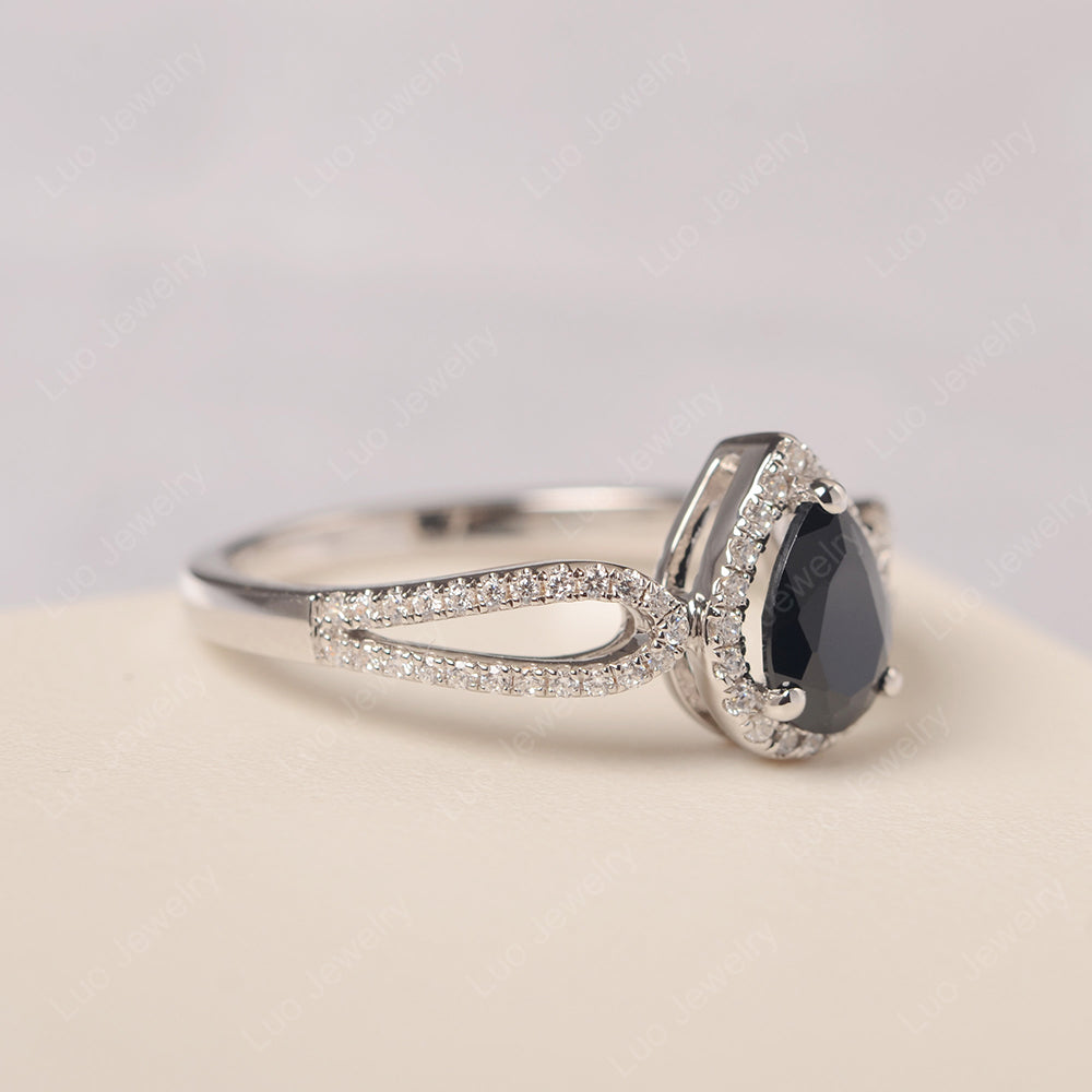 Pear Shaped Black Stone Halo Engagement Ring - LUO Jewelry