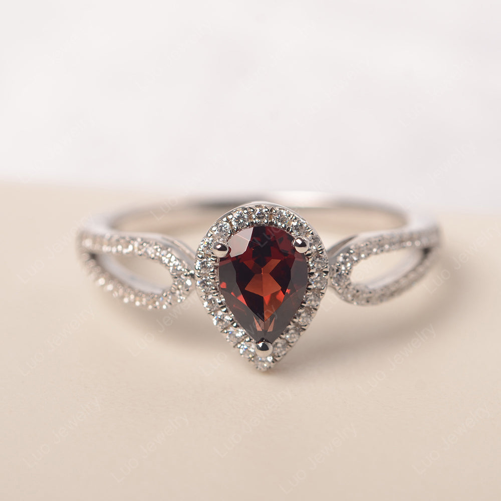 Pear Shaped Garnet Halo Engagement Ring - LUO Jewelry