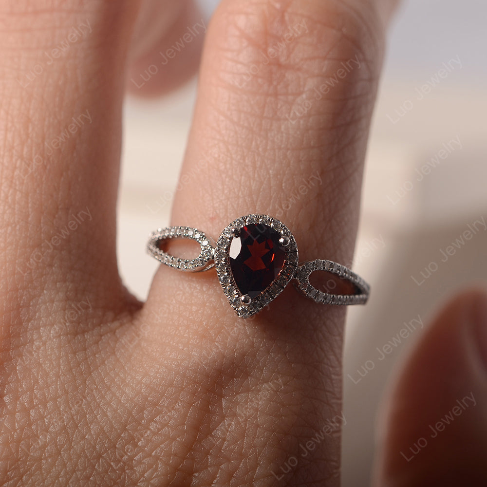 Pear Shaped Garnet Halo Engagement Ring - LUO Jewelry