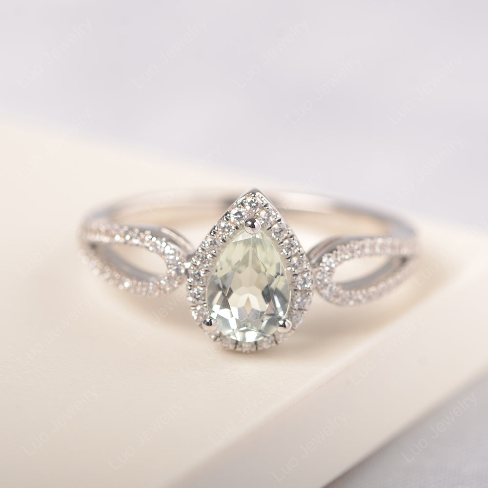 Pear Shaped Green Amethyst Halo Engagement Ring - LUO Jewelry