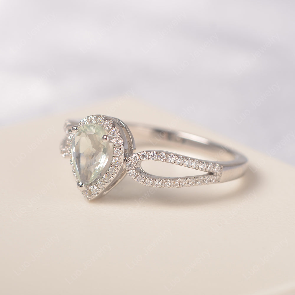 Pear Shaped Green Amethyst Halo Engagement Ring - LUO Jewelry