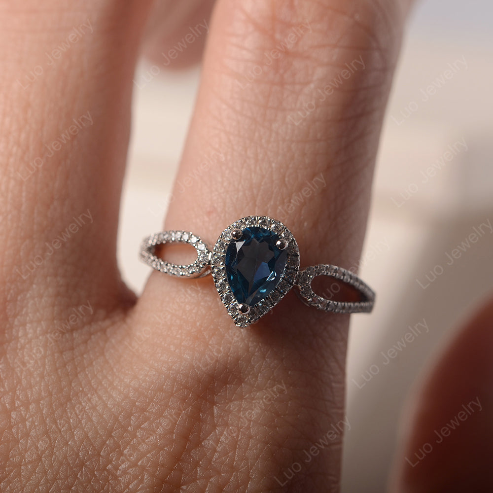 Pear Shaped London Blue Topaz Halo Engagement Ring - LUO Jewelry