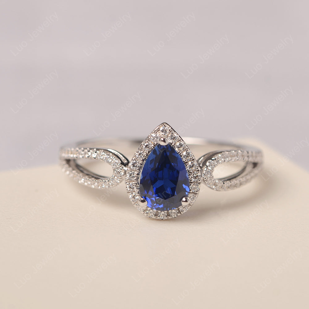 Pear Shaped Lab Sapphire Halo Engagement Ring - LUO Jewelry