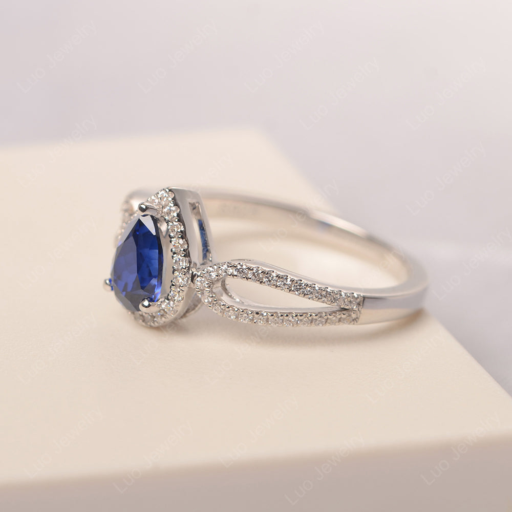 Pear Shaped Lab Sapphire Halo Engagement Ring - LUO Jewelry