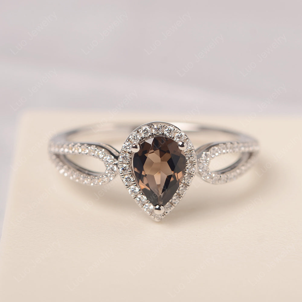 Pear Shaped Smoky Quartz  Halo Engagement Ring - LUO Jewelry