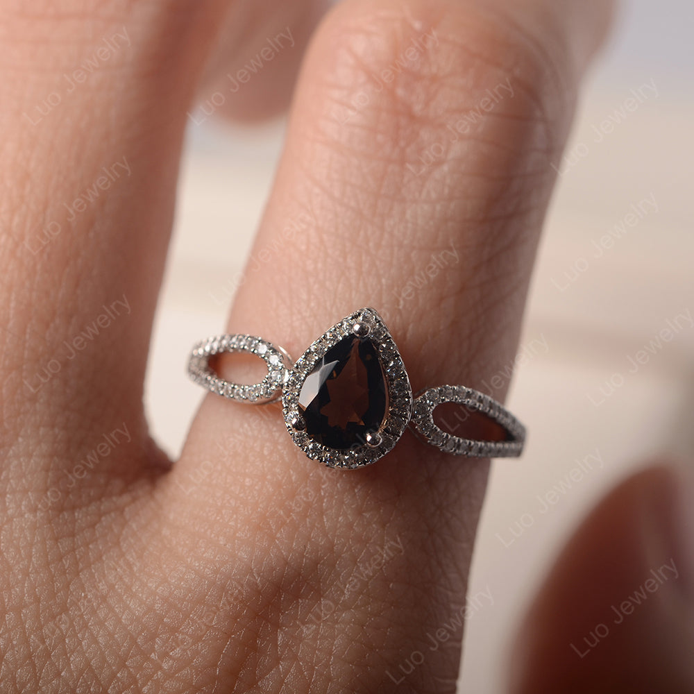 Pear Shaped Smoky Quartz  Halo Engagement Ring - LUO Jewelry