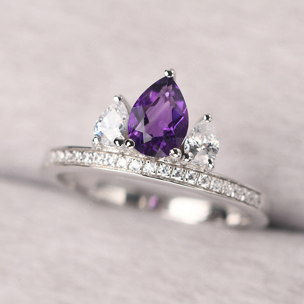 Teardrop Amethyst 3 Stone Mothers Ring Silver - LUO Jewelry