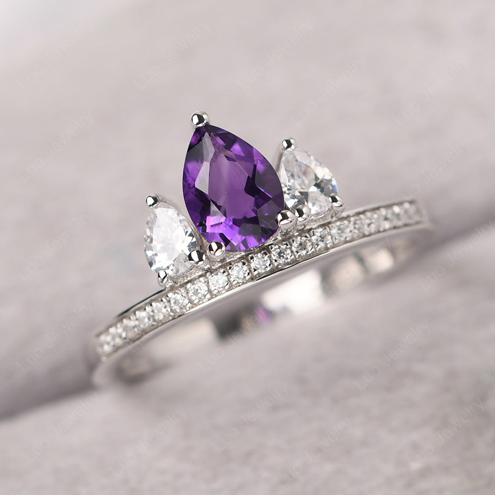 Teardrop Amethyst 3 Stone Mothers Ring Silver - LUO Jewelry