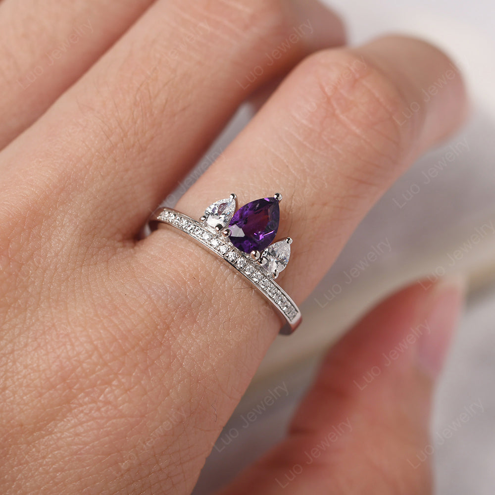 Teardrop Amethyst 3 Stone Mothers Ring Silver - LUO Jewelry