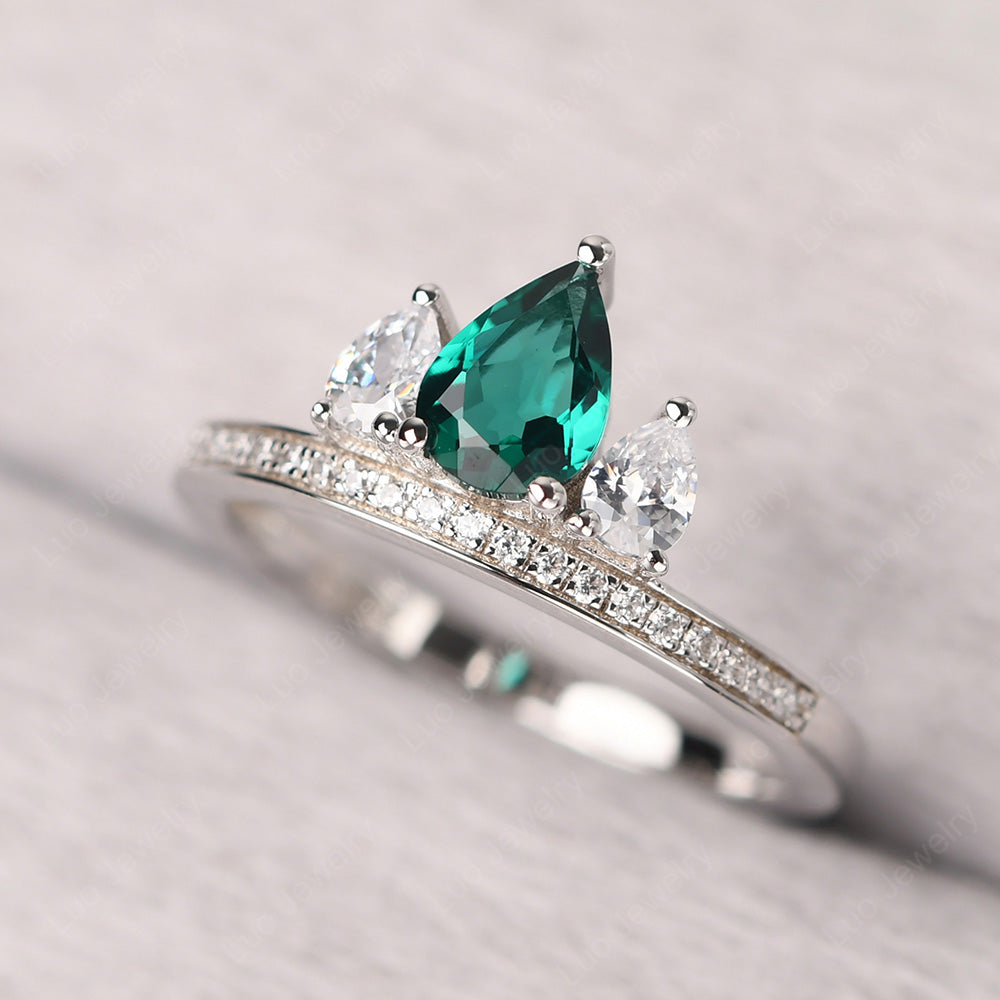 Teardrop Emerald 3 Stone Mothers Ring Silver - LUO Jewelry