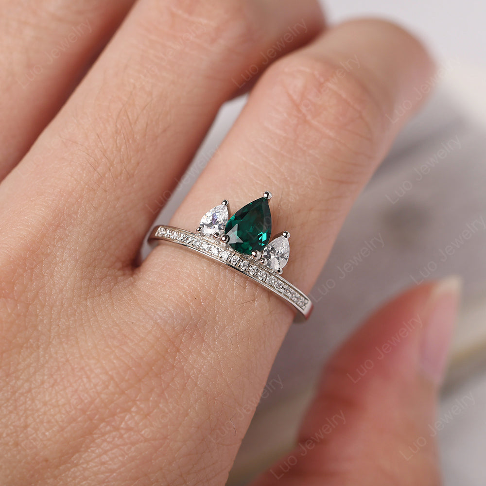 Teardrop Emerald 3 Stone Mothers Ring Silver - LUO Jewelry