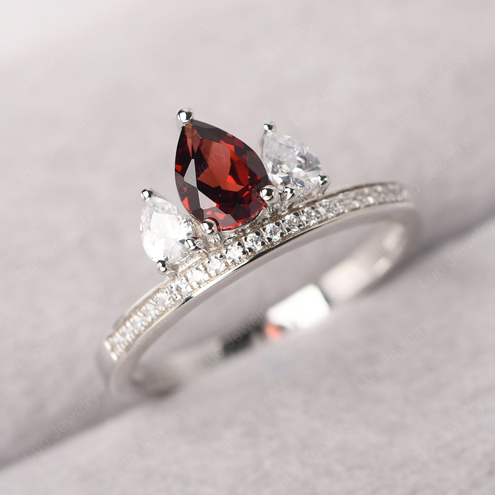 Teardrop Garnet 3 Stone Mothers Ring Silver - LUO Jewelry