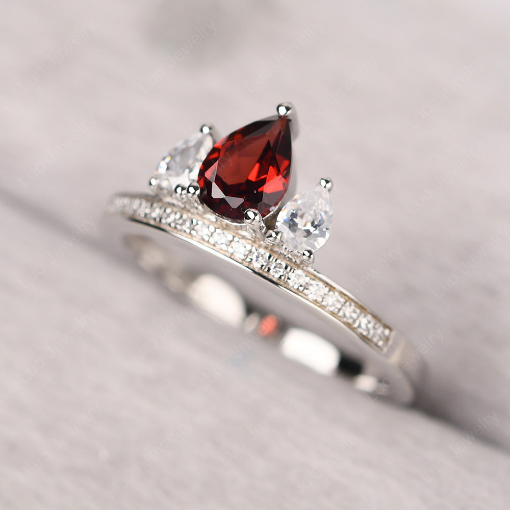 Teardrop Garnet 3 Stone Mothers Ring Silver - LUO Jewelry